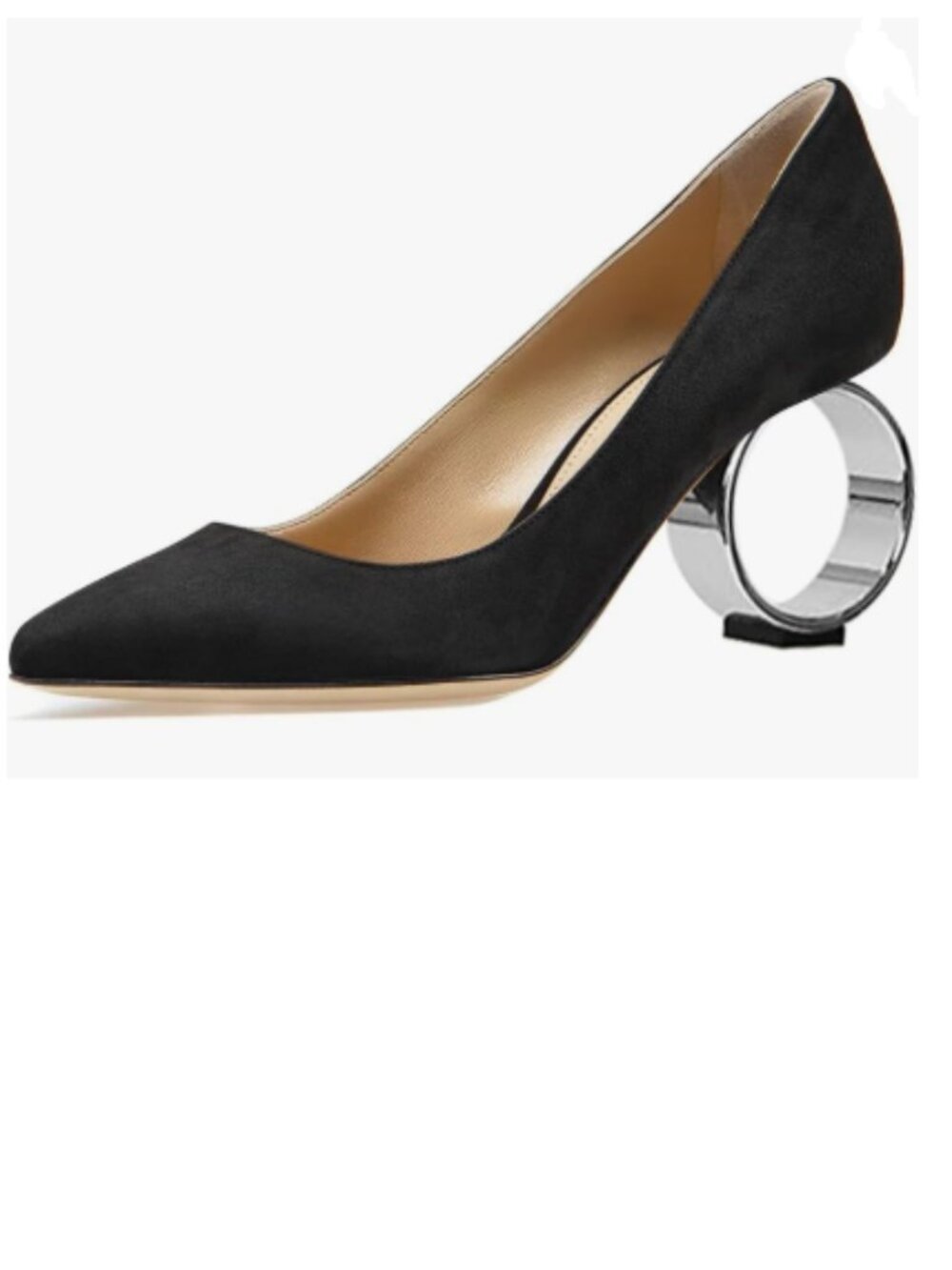 FSJ Black Pointed Toe Circle High Heel Pumps Slip On Unique Round Ring Heel Shoe